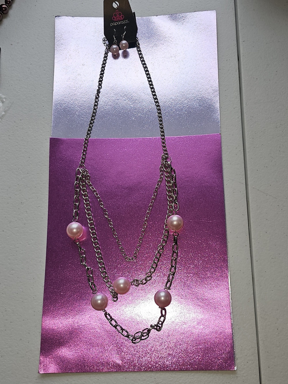 paparazzi Silver Multi-Chain Necklace with Pink Pearl Accents